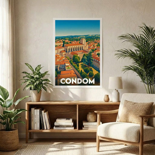 Affiche souvenir de la ville de Condom avec une illustration stylisée.