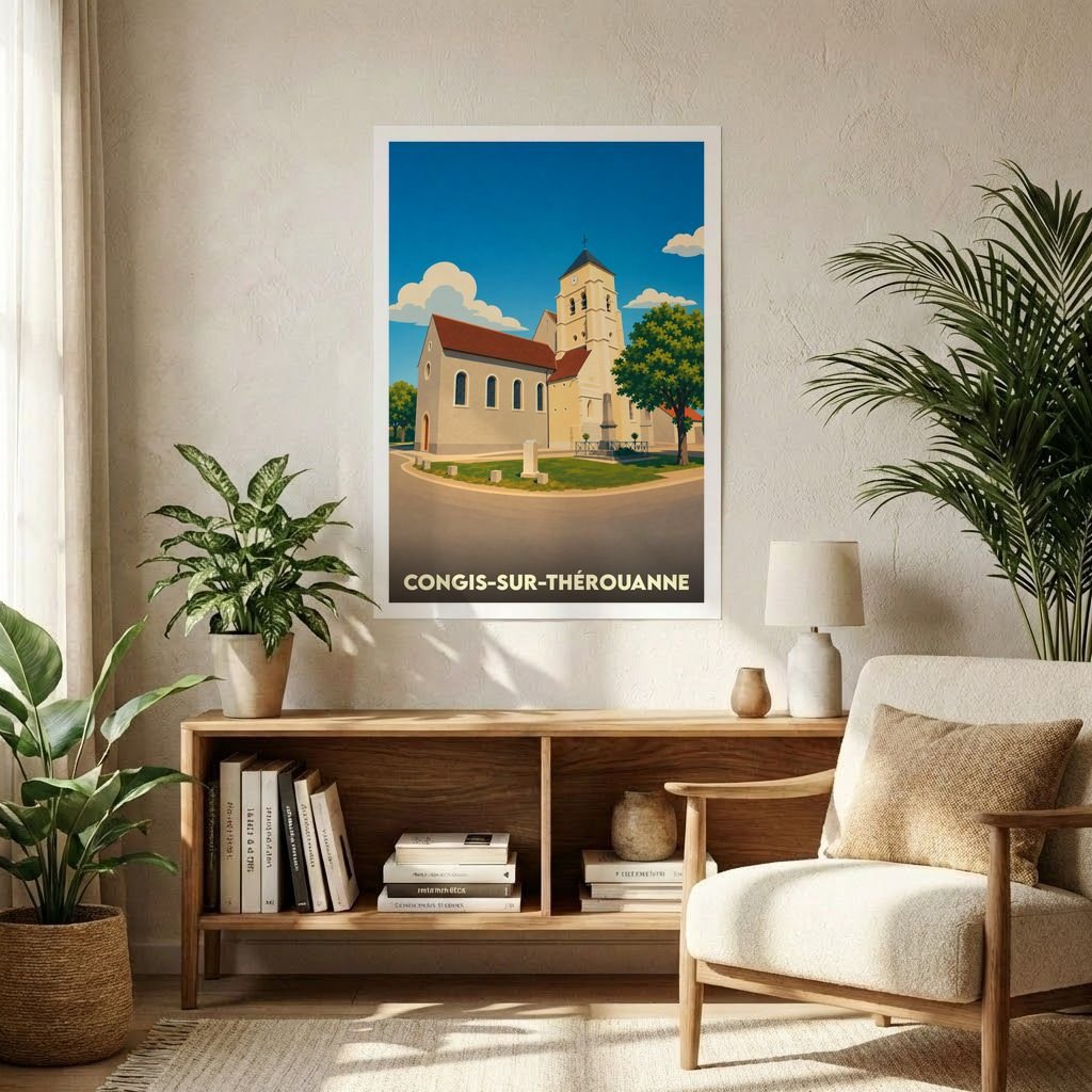 Affiche souvenir de la ville de Congis-sur-Thérouanne avec une illustration stylisée de son église.