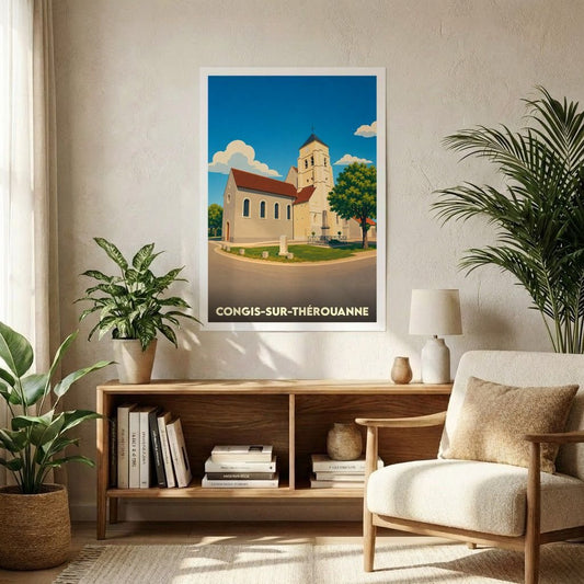 Affiche souvenir de la ville de Congis-sur-Thérouanne avec une illustration stylisée de son église.
