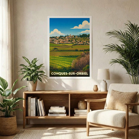 Affiche souvenir de la ville de Conques-sur-Orbiel représentant un paysage de vignobles et de collines dans un style illustré.