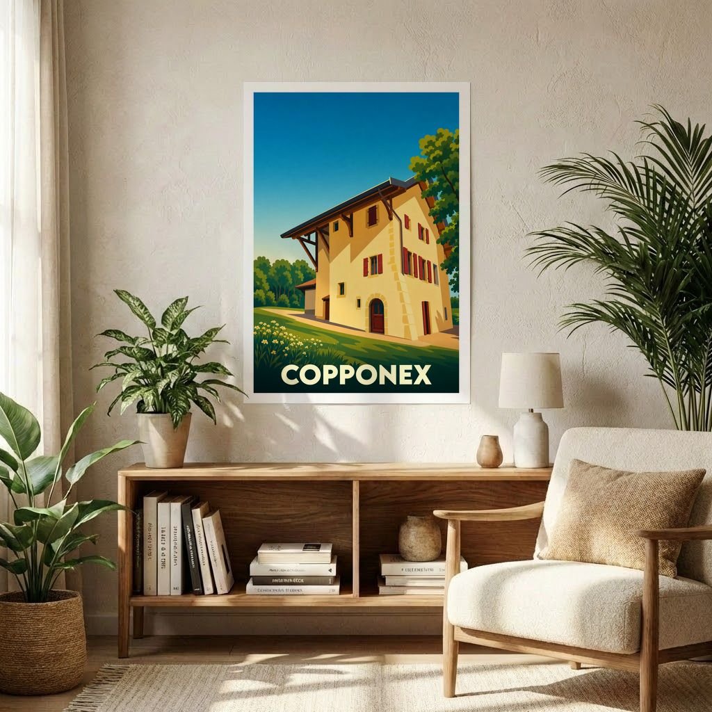 Affiche souvenir de la ville de Copponex représentant une bâtisse traditionnelle dans un style graphique épuré.