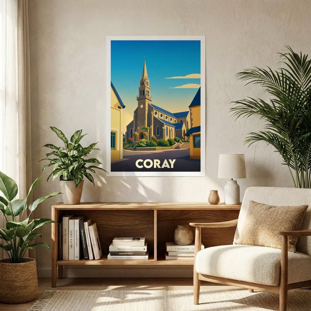 Affiche souvenir de la ville de Coray illustrant une église stylisée sous un ciel azur.