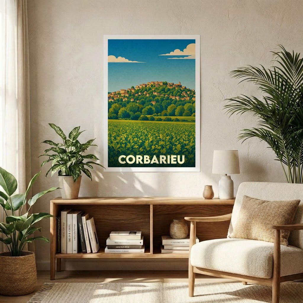 Affiche souvenir de la ville de Corbarieu avec une illustration stylisée de son village perché et de ses champs.
