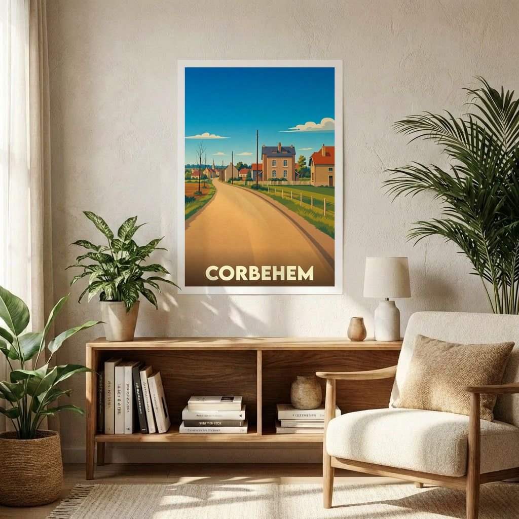 Affiche souvenir de la ville de Corbehem avec une illustration stylisée représentant une route de campagne menant au village.