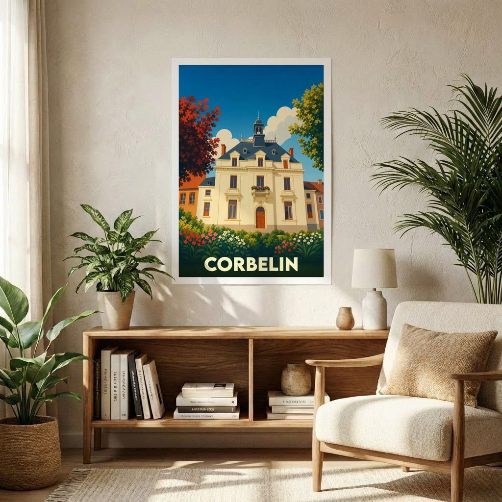 Affiche souvenir de la ville de Corbelin représentant une demeure historique dans un style vintage coloré.