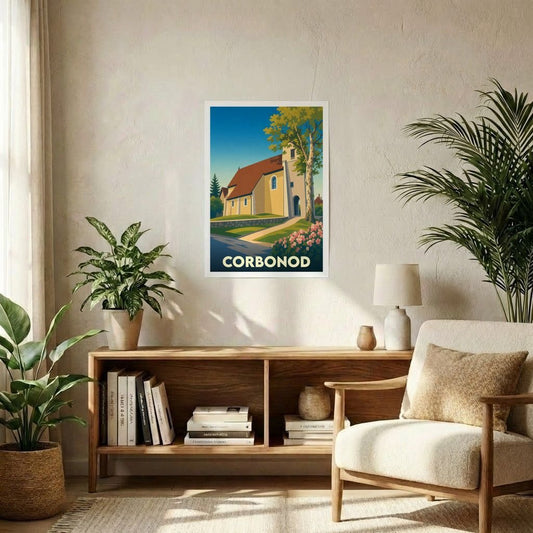 Affiche souvenir de la ville de Corbonod avec une illustration stylisée de son église.
