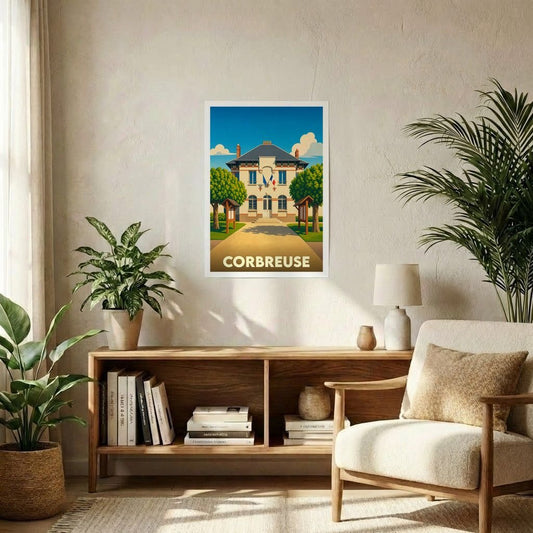 Affiche souvenir de la ville de Corbreuse avec une illustration stylisée.