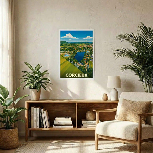 Affiche souvenir de la ville de Corcieux avec une illustration stylisée et colorée du paysage local.