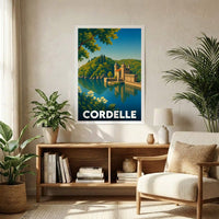 Affiche souvenir de la ville de Cordelle avec une illustration stylisée de son château au bord de l'eau.