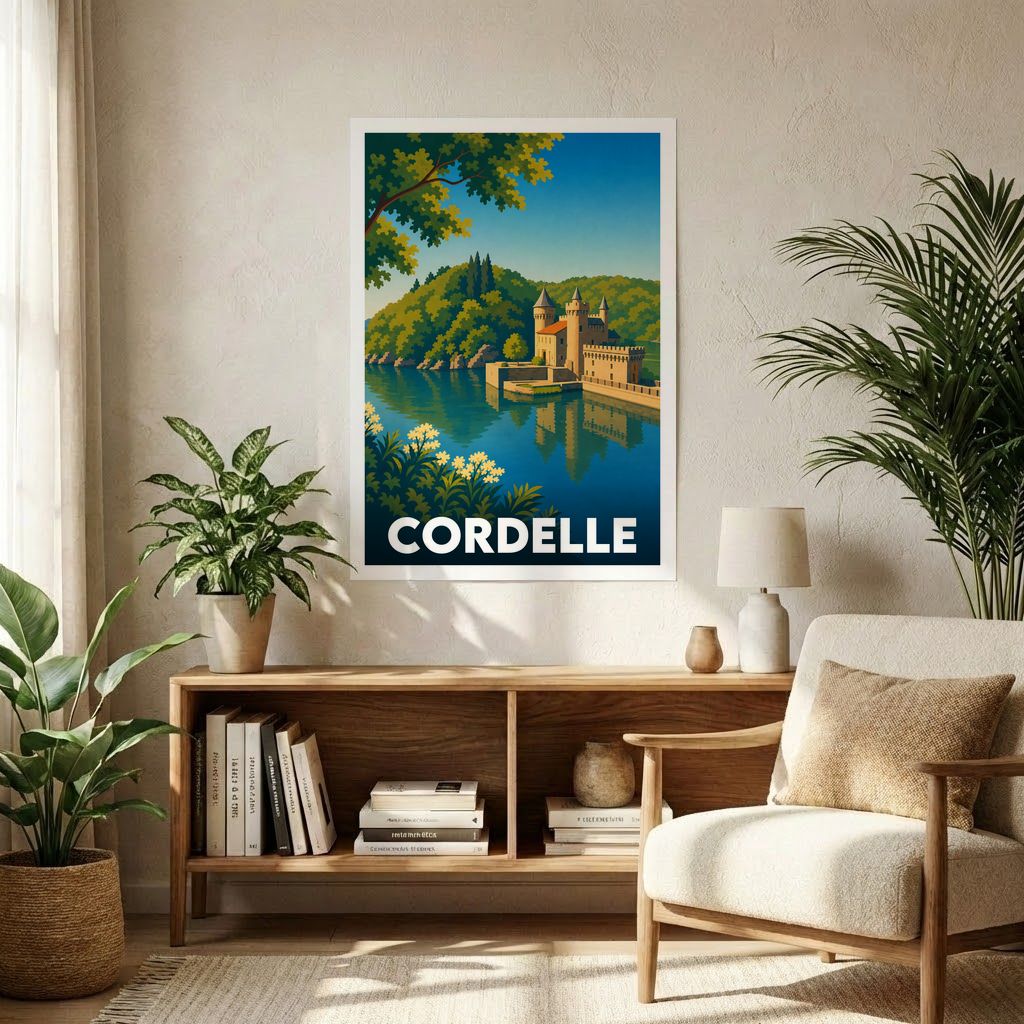 Affiche souvenir de la ville de Cordelle avec une illustration stylisée de son château au bord de l'eau.