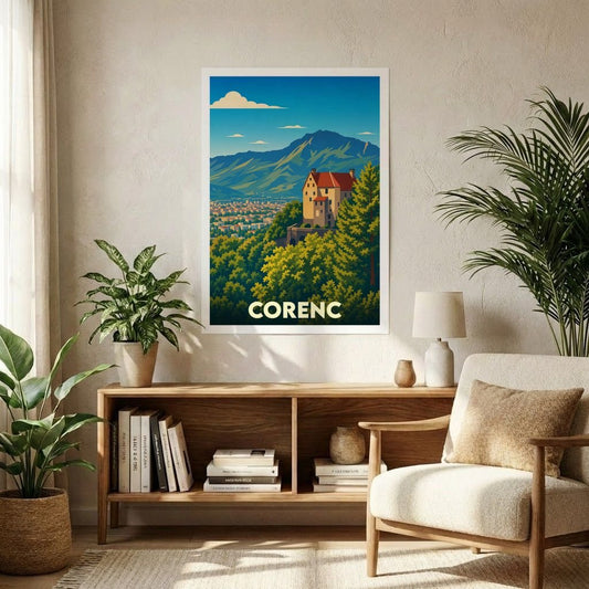 Affiche souvenir de la ville de Corenc avec une illustration stylisée et colorée.