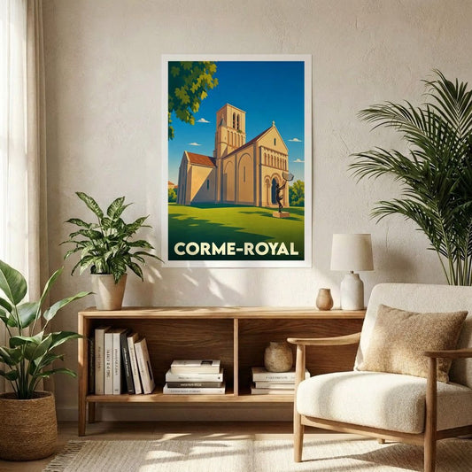 Affiche souvenir de la ville de Corme-Royal avec une illustration stylisée de son église romane.