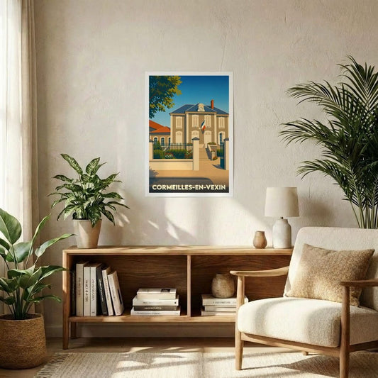 Affiche souvenir de la ville de Cormeilles-en-Vexin avec une illustration stylisée de sa mairie.