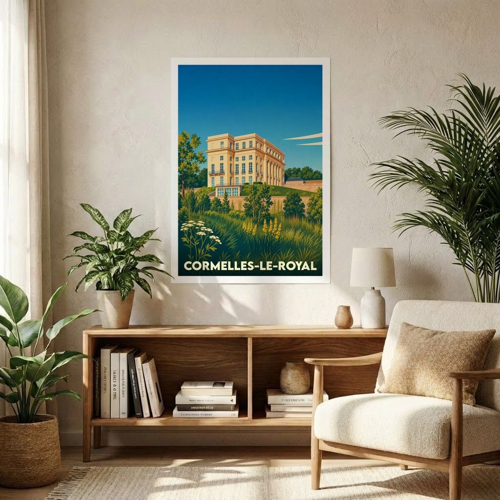 Affiche souvenir de la ville de Cormelles-le-Royal présentant une illustration stylisée d'un bâtiment historique dans un paysage verdoyant.
