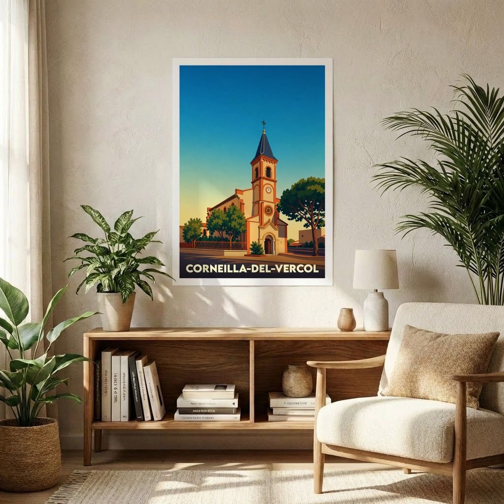 Affiche souvenir de la ville de Corneilla-del-Vercol avec une illustration stylisée de son église sous un ciel azur.