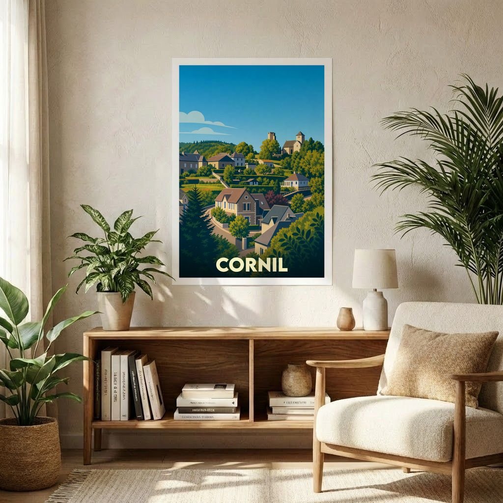 Affiche souvenir de la ville de Cornil avec une illustration stylisée de son paysage vallonné.