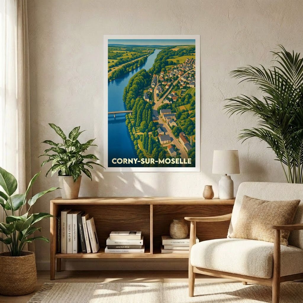 Affiche souvenir de la ville de Corny-sur-Moselle avec une illustration paysagère stylisée.