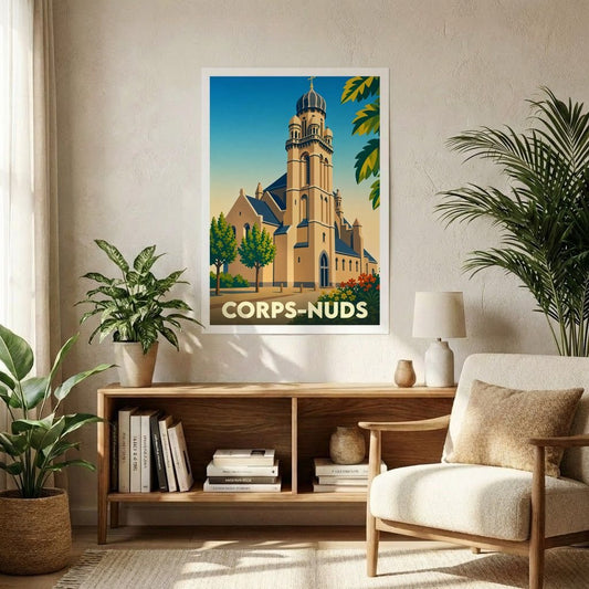 Affiche souvenir de la ville de Corps-Nuds avec une illustration stylisée de son église emblématique.