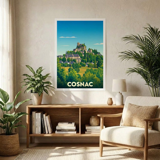 Affiche souvenir de la ville de Cosnac avec une illustration stylisée d'un paysage collinaire et de son château.