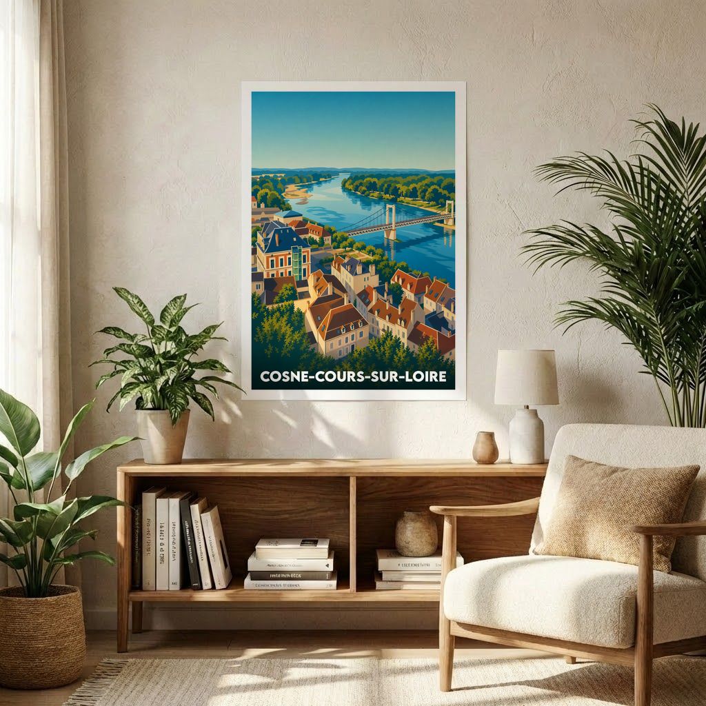 Affiche souvenir de la ville de Cosne-Cours-sur-Loire avec une illustration stylisée d'un panorama ligérien.