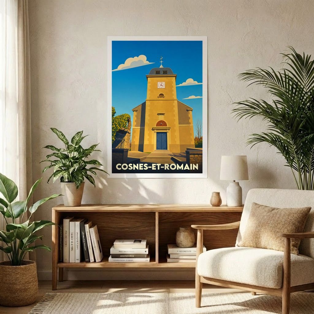 Affiche souvenir de la ville de Cosnes-et-Romain avec une illustration stylisée de son église sous un ciel bleu.