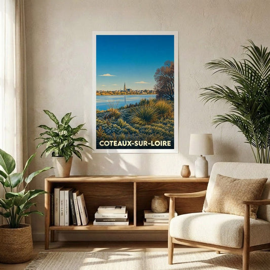 Affiche souvenir de la ville de Coteaux-sur-Loire avec une illustration stylisée d'un paysage de bord de Loire au lever du soleil.