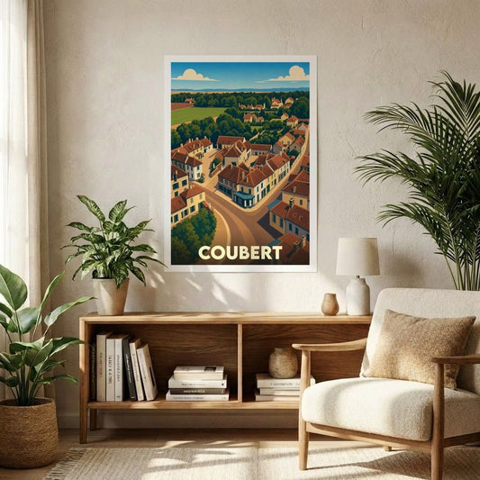 Affiche souvenir de la ville de Coubert avec une illustration stylisée vue du ciel.