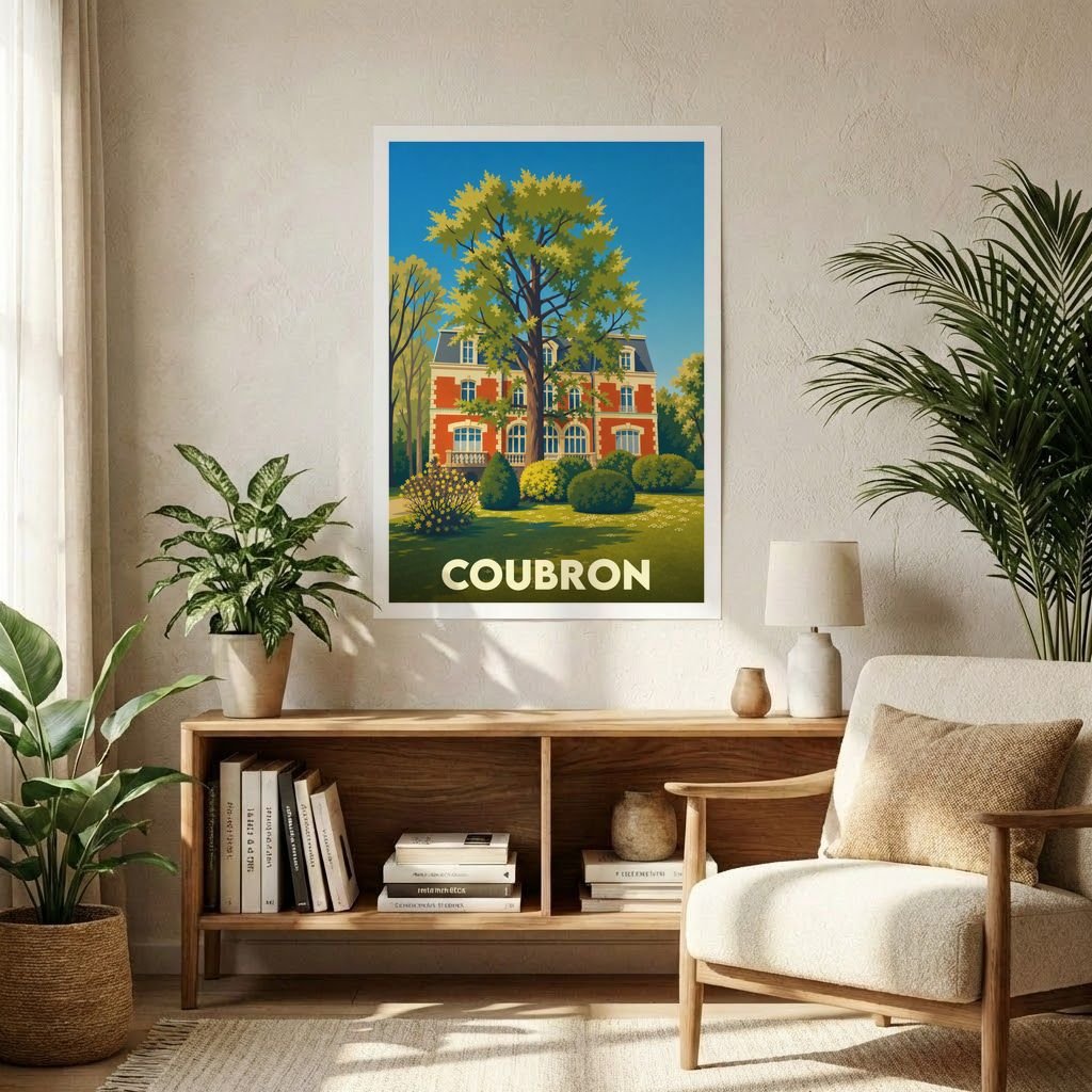 Affiche souvenir de la ville de Coubron représentant une demeure historique dans un parc arboré avec une illustration stylisée.