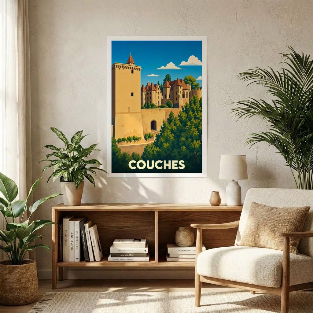 Affiche souvenir de la ville de Couches représentant son château dans un style illustré.