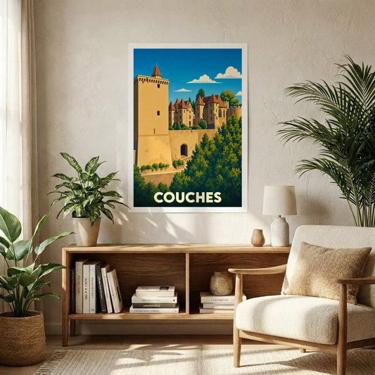 Affiche souvenir de la ville de Couches représentant son château dans un style illustré.