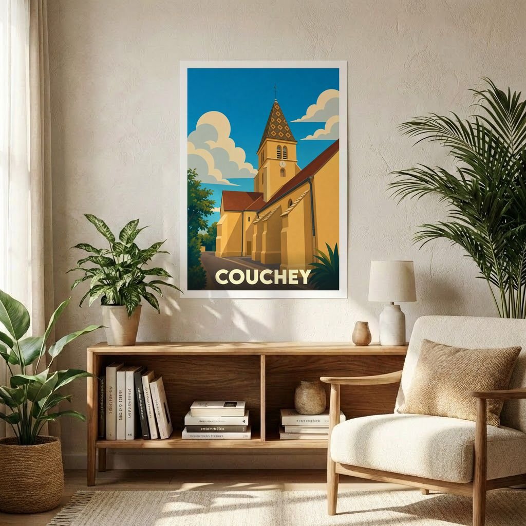 Affiche souvenir de la ville de Couchey avec une illustration stylisée d'une église sous un ciel azur.