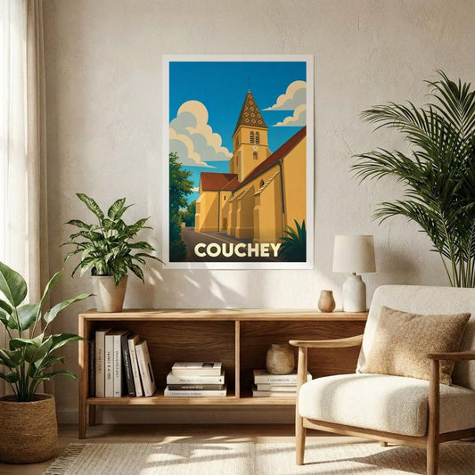 Affiche souvenir de la ville de Couchey avec une illustration stylisée d'une église sous un ciel azur.
