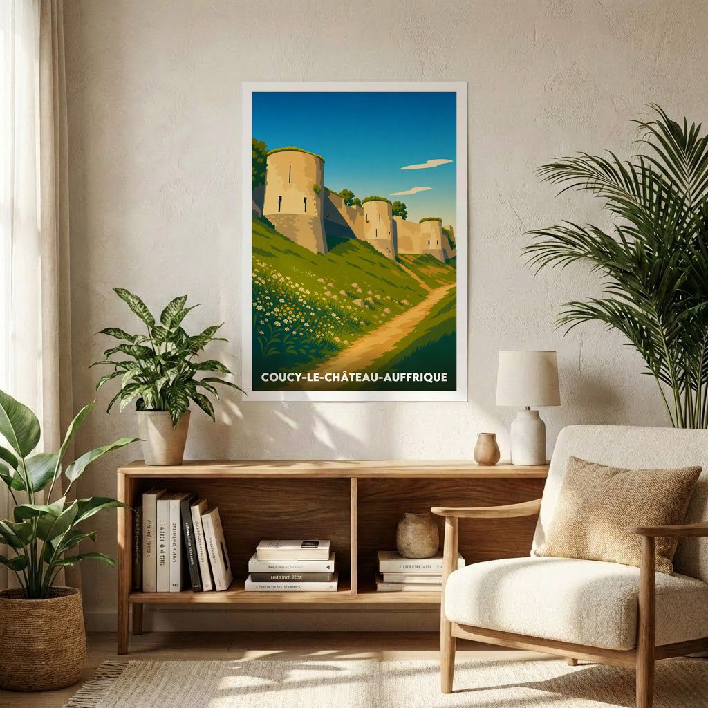 Affiche souvenir de la ville de Coucy-le-Château-Auffrique avec une illustration stylisée de ses remparts médiévaux.