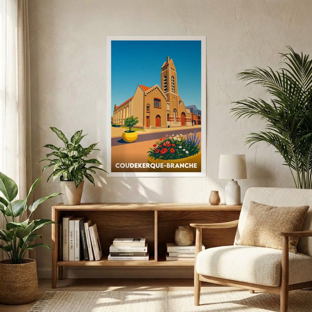 Affiche souvenir de la ville de Coudekerque-Branche avec une illustration stylisée.