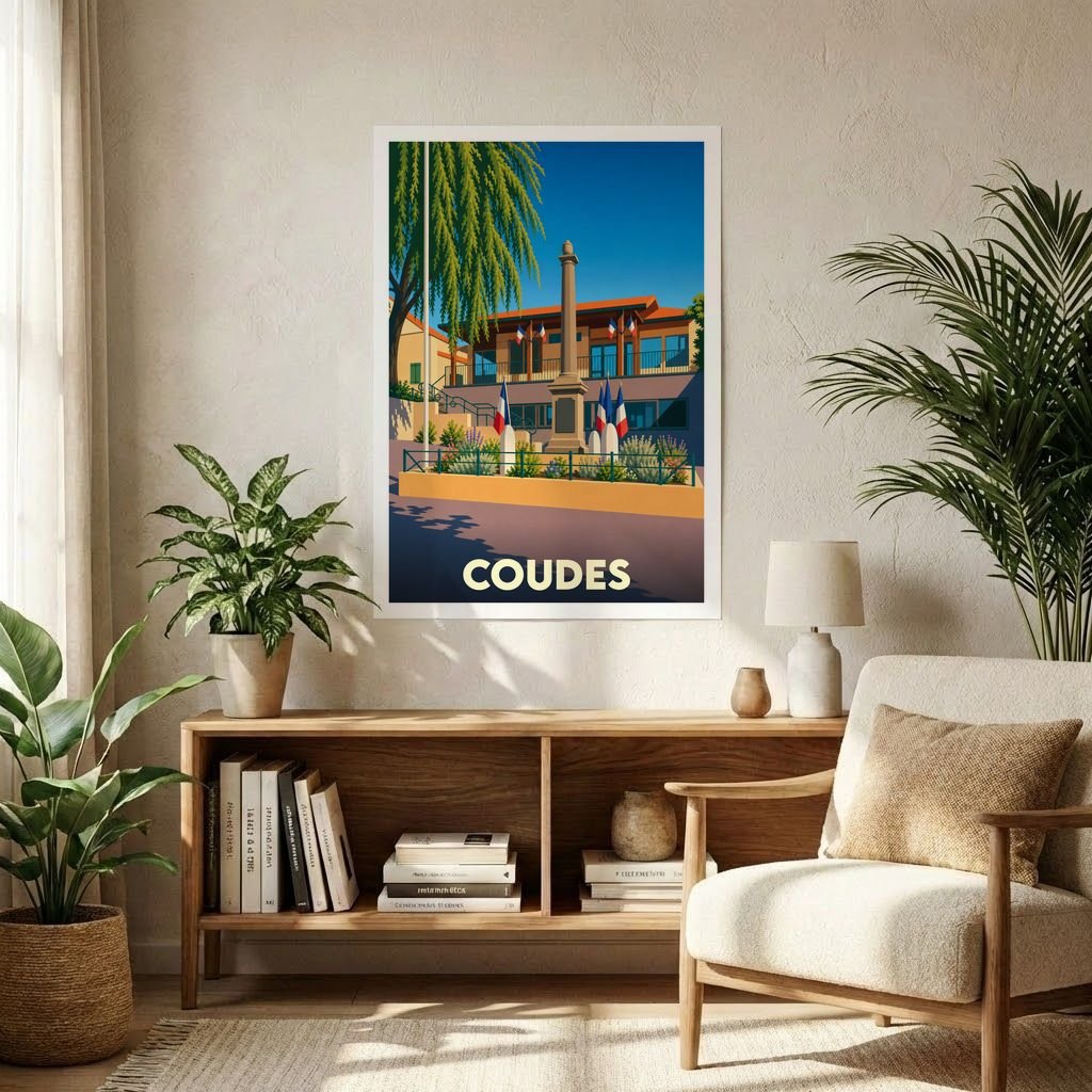Affiche souvenir de la ville de Coudes avec une illustration stylisée et colorée.