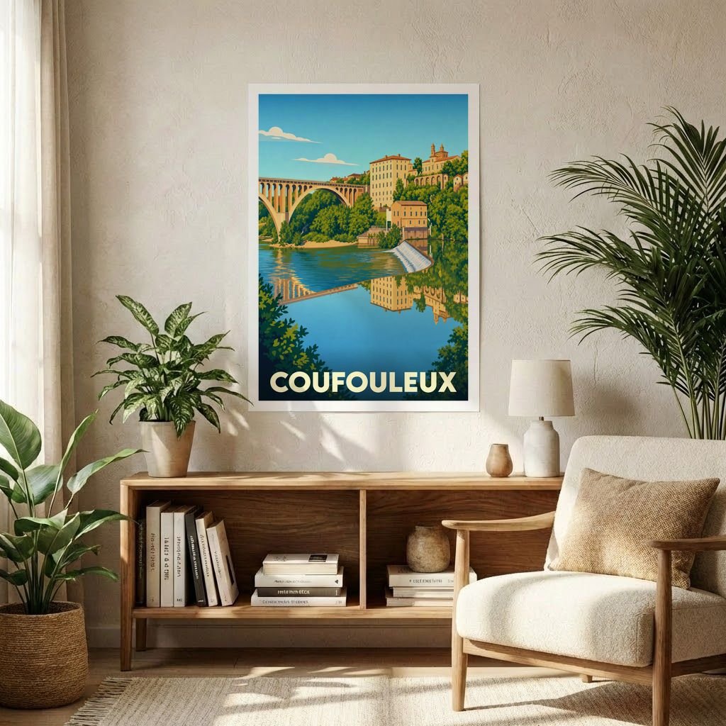 Affiche souvenir de la ville de Coufouleux avec une illustration stylisée d'un pont et de son reflet dans l'eau.
