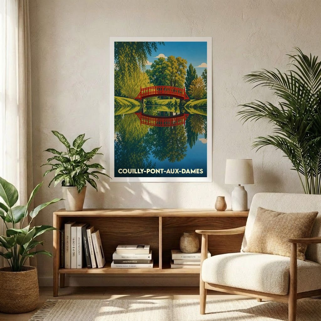 Affiche souvenir de la ville de Couilly-Pont-aux-Dames avec une illustration stylisée d'un pont rouge se reflétant dans l'eau.