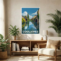 Affiche souvenir de la ville de Coulaines avec une illustration stylisée de son paysage fluvial.