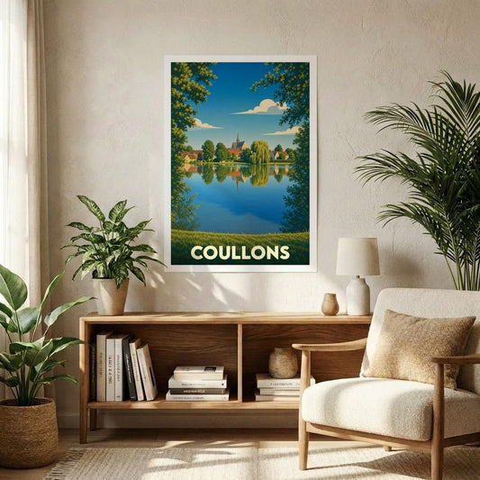 Affiche souvenir de la ville de Coullons avec une illustration stylisée d'un paysage lacustre.