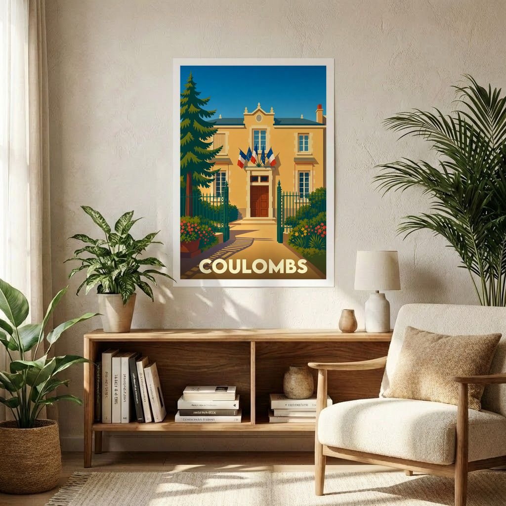 Affiche souvenir de la ville de Coulombs avec une illustration stylisée de son hôtel de ville sous un ciel bleu.