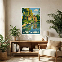 Affiche souvenir de la ville de Coulommiers avec une illustration stylisée.