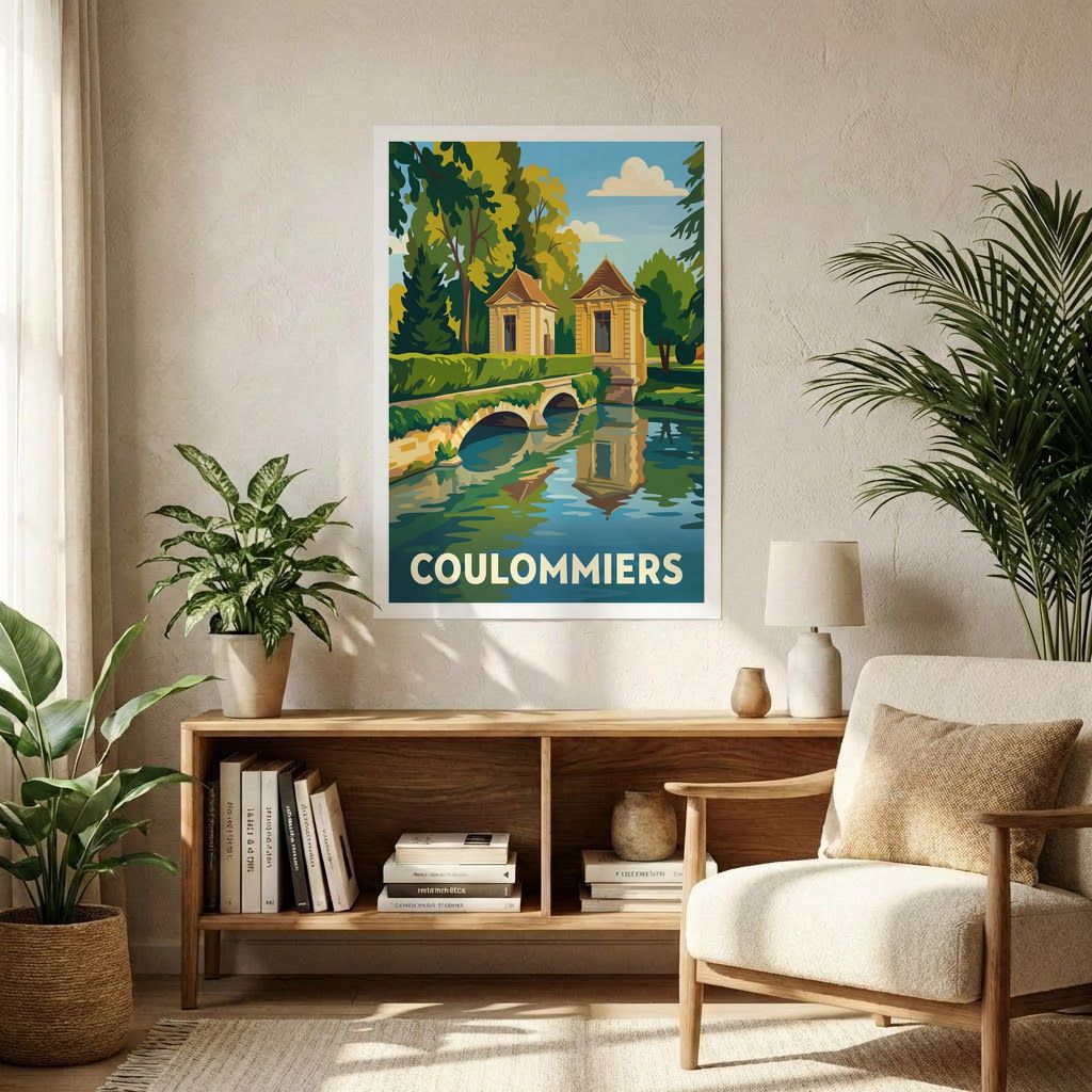 Affiche souvenir de la ville de Coulommiers avec une illustration stylisée.