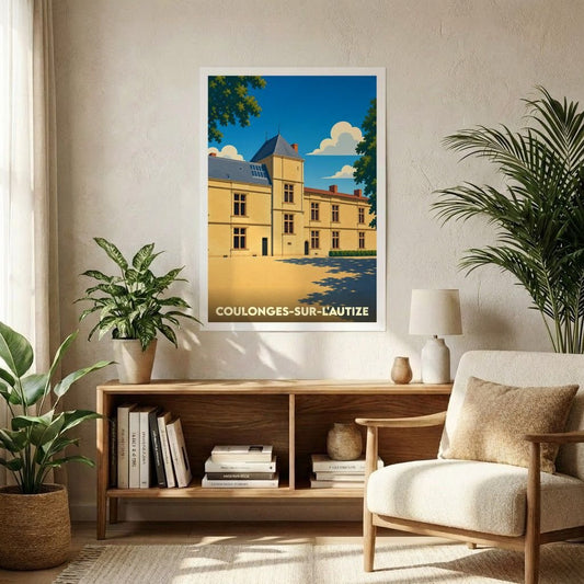 Affiche souvenir de la ville de Coulonges-sur-l'Autize avec une illustration stylisée de son château.