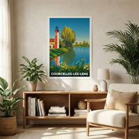 Affiche souvenir de la ville de Courcelles-lès-Lens avec une illustration stylisée d'un phare au bord de l'eau.