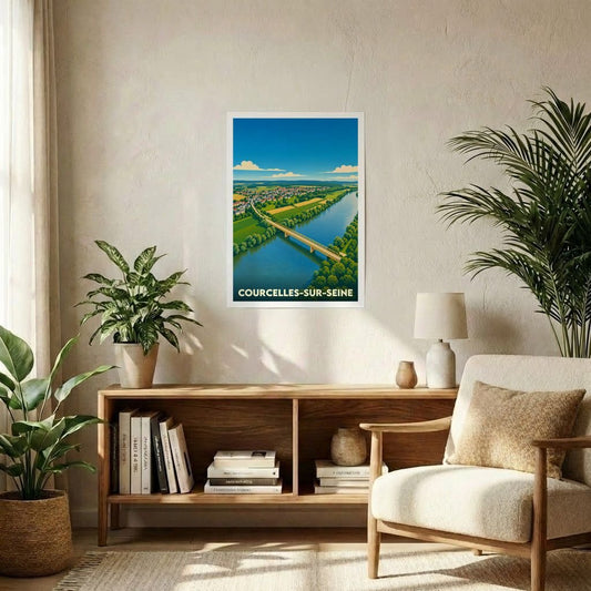 Affiche souvenir de la ville de Courcelles-sur-Seine avec une illustration stylisée d'un pont enjambant le fleuve.