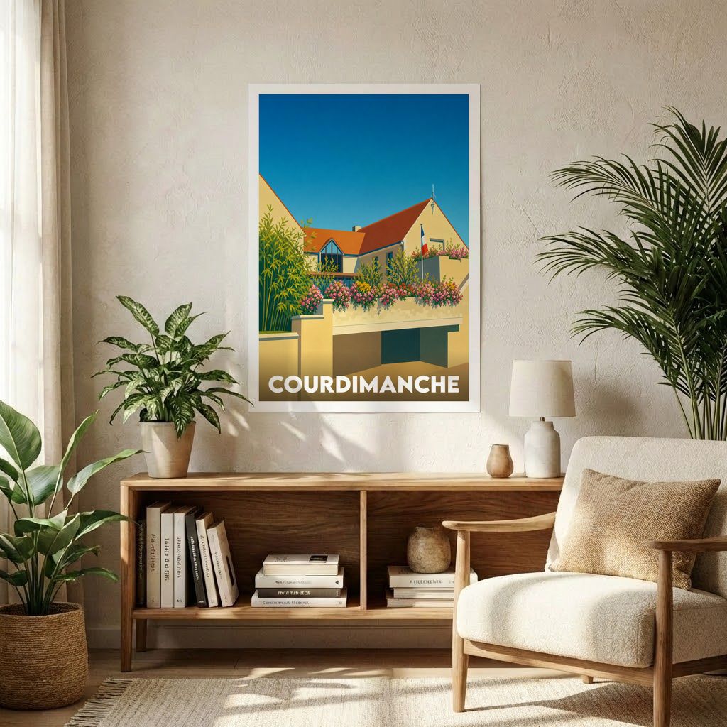 Affiche souvenir de la ville de Courdimanche avec une illustration stylisée et colorée de son architecture.