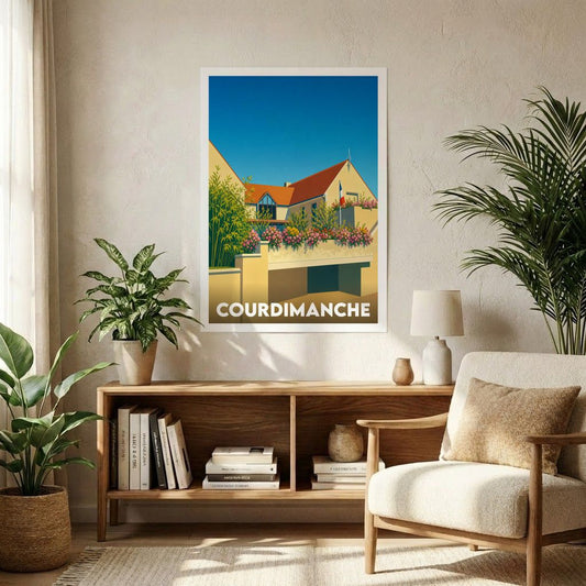 Affiche souvenir de la ville de Courdimanche avec une illustration stylisée et colorée de son architecture.