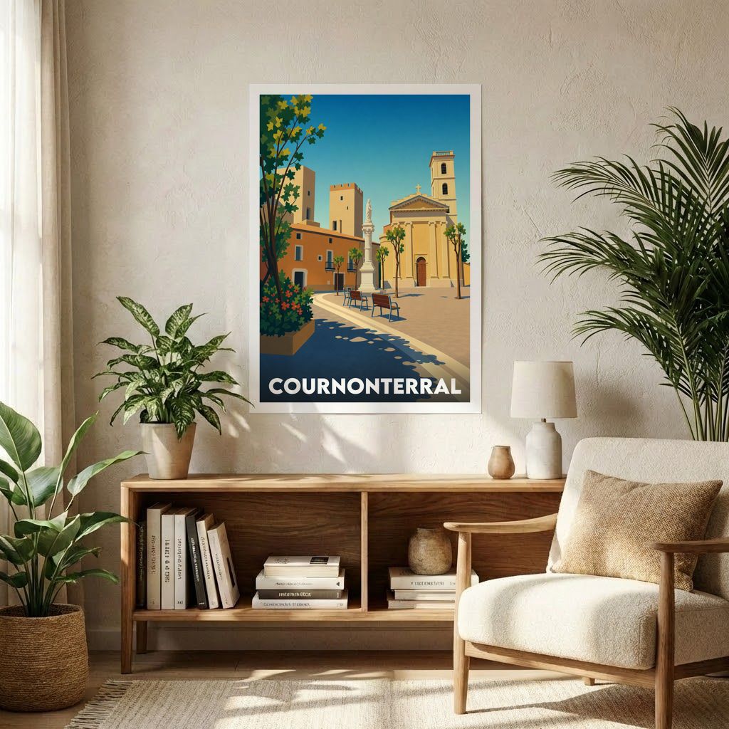 Affiche souvenir de la ville de Cournonterral avec une illustration stylisée.