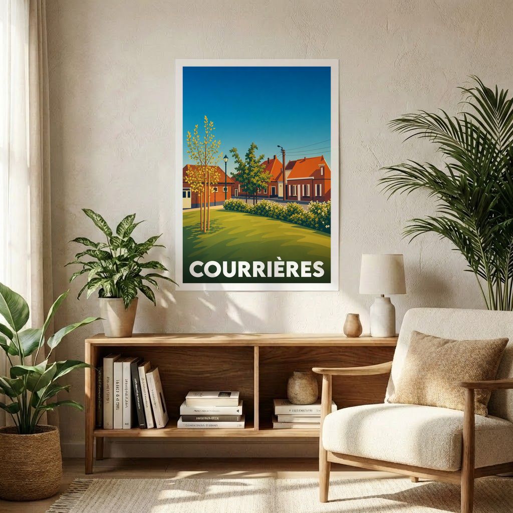 Affiche souvenir de la ville de Courrières avec une illustration stylisée et colorée de ses paysages urbains.