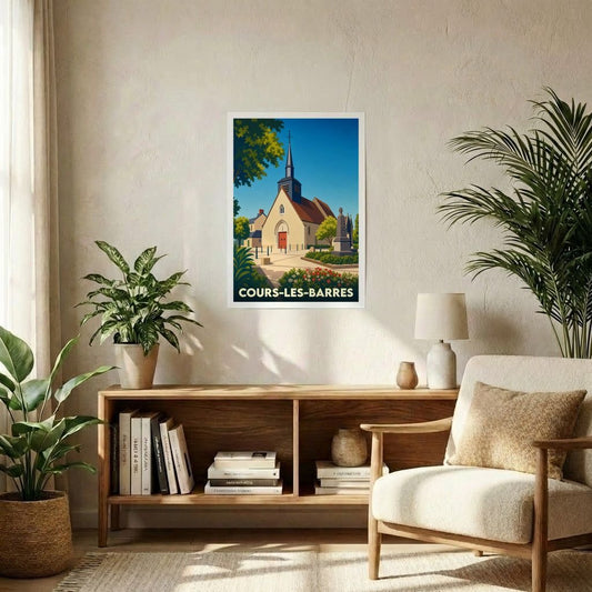 Affiche souvenir de la ville de Cours-les-Barres avec une illustration stylisée de son église.